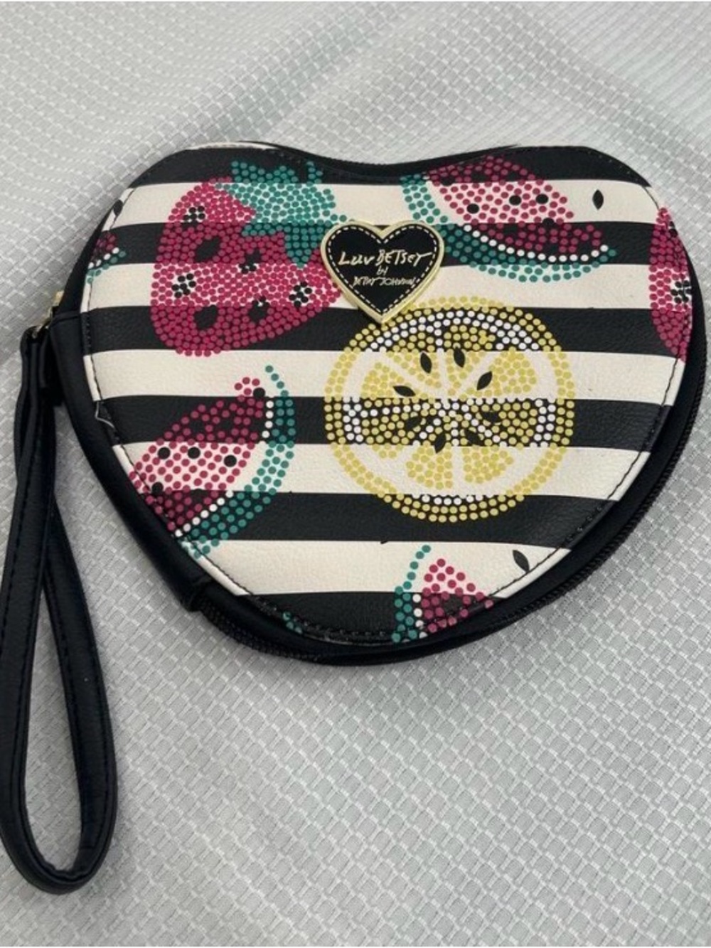 Luv Betsey Heart Wristlet Clutch in Black and White Stripe with Fruit Print